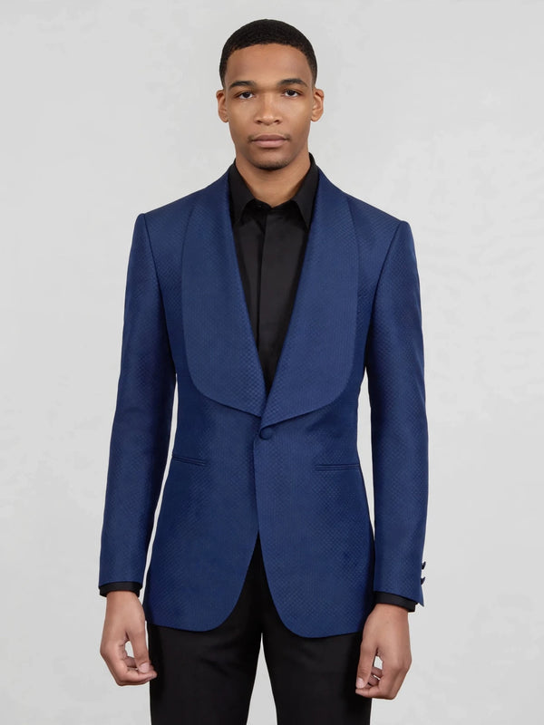 Royal Sapphire Diamond-Textured Shawl-Collar Tuxedo Jacket 04