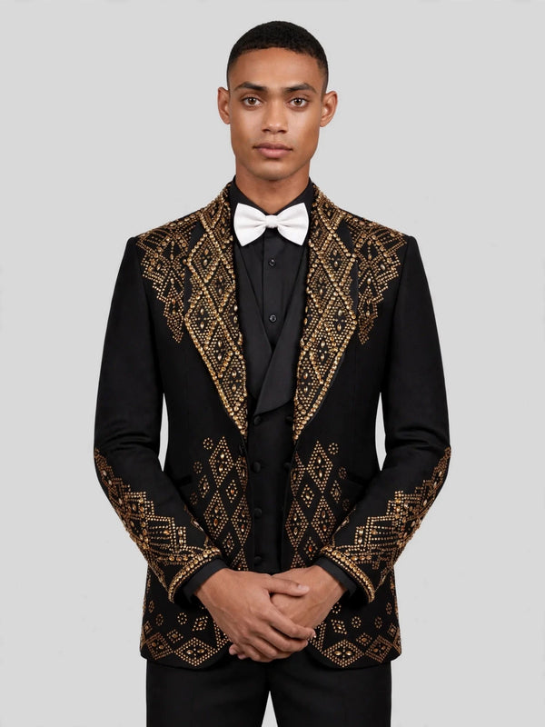 Onyx Gold Crystal Diamond-Lattice Peak-Lapel Tuxedo Jacket 05