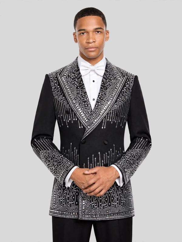 Onyx Silver Crystal Drip Peak-Lapel Double-Breasted Tuxedo Jacket 03