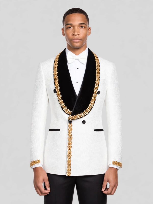 Ivory Gold-Leaf Velvet Shawl-Collar Double-Breasted Tuxedo Jacket 03