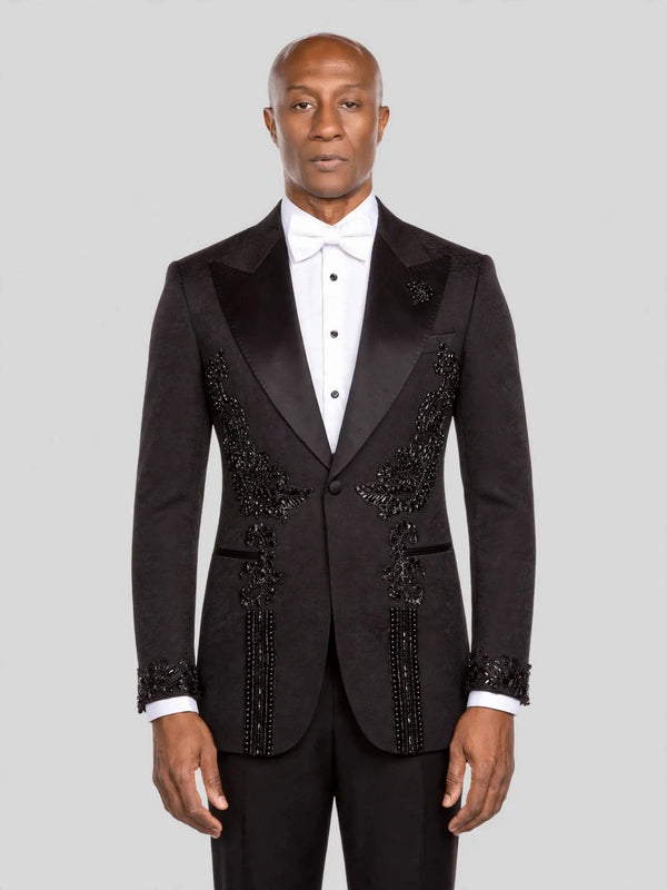 Onyx Jet Lace-Motif Peak-Lapel Tuxedo Jacket - cover