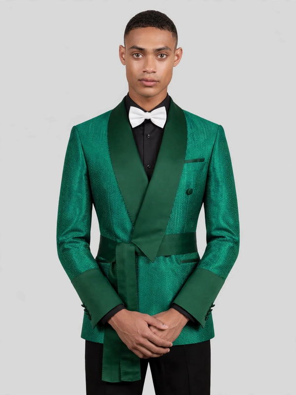 Emerald Micro-Dot Dark-Green Satin Shawl-Collar Belted Double-Breasted Tuxedo Jacket 05