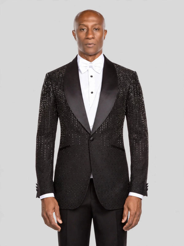 Onyx Silver Rain-Dot Shawl-Collar Tuxedo Jacket - cover
