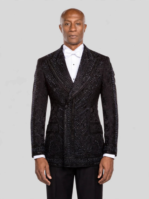 Onyx Jet Beaded Leaf-Scroll Peak-Lapel Double-Breasted Tuxedo Jacket - cover
