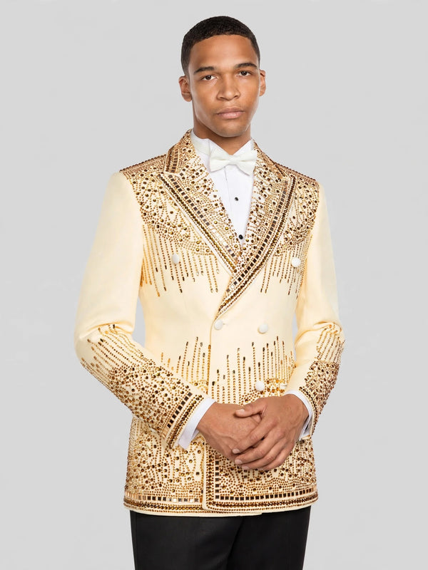 Cream Gold Crystal Cascade Peak-Lapel Double-Breasted Tuxedo Jacket 03