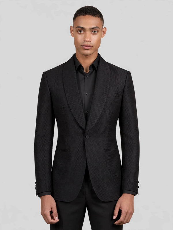 Onyx Diamond-Texture Shawl-Collar Tuxedo Jacket 04