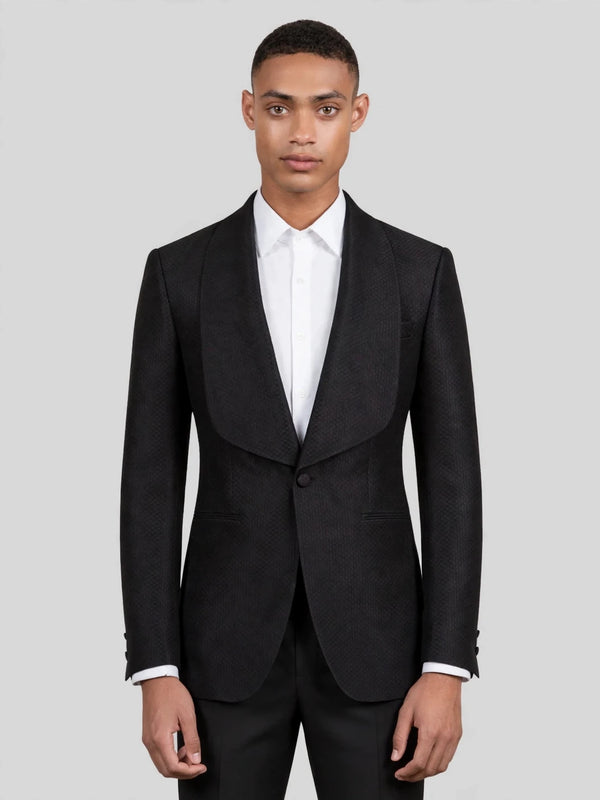 Onyx Diamond-Texture Shawl-Collar Tuxedo Jacket 01