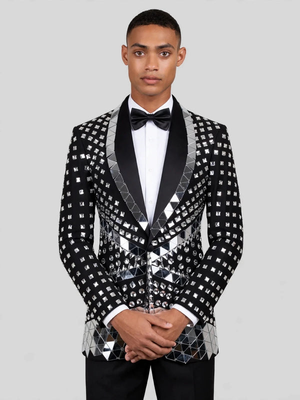Onyx Silver Mirror-Mosaic Shawl-Collar Tuxedo Jacket 02
