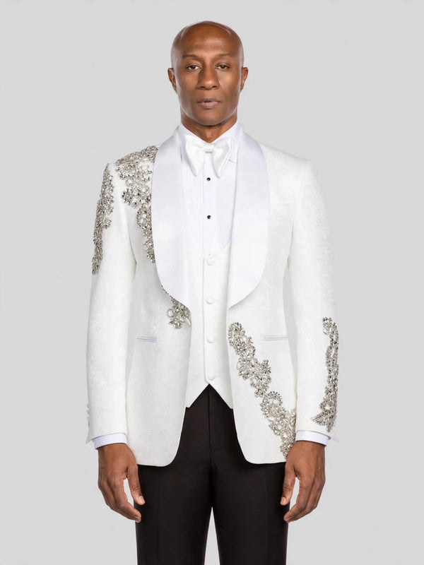Ivory Silver Crystal Floral Diagonal Shawl-Collar Tuxedo Jacket - cover