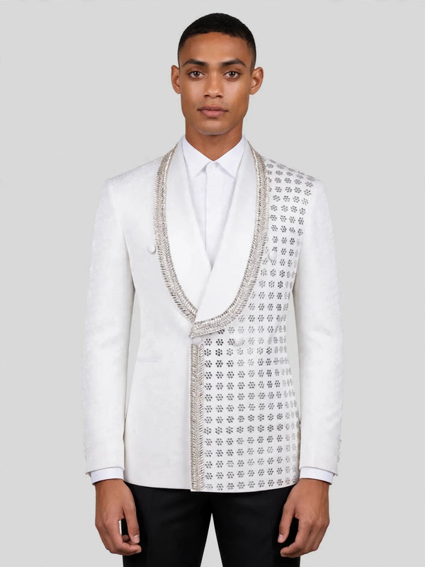 Ivory Silver Rope-Trim Crystal-Grid Shawl-Collar Double-Breasted Tuxedo Jacket 01