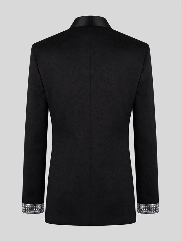 Onyx Silver Crystal-Mosaic Shawl-Collar Double-Breasted Tuxedo Jacket 09