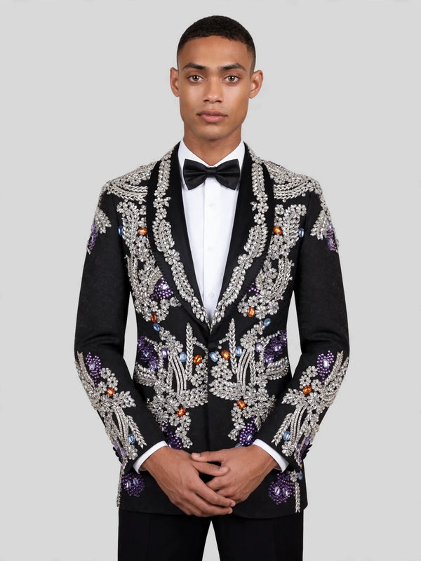 Onyx Silver Gem-Floral Shawl-Collar Tuxedo Jacket 02