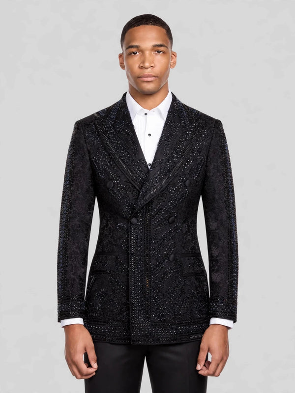 Onyx Jet Beaded Leaf-Scroll Peak-Lapel Double-Breasted Tuxedo Jacket 01