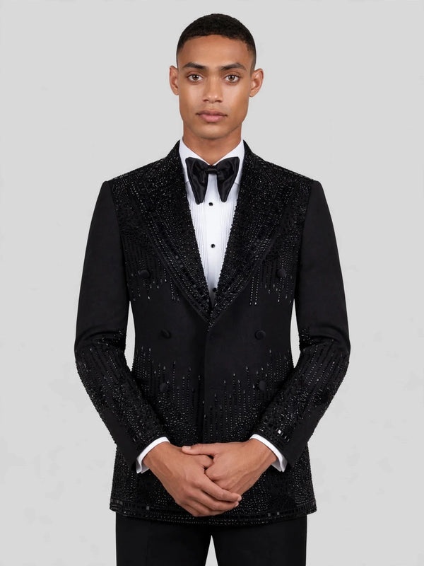 Onyx Jet Beaded Drip Peak-Lapel Double-Breasted Tuxedo Jacket 02