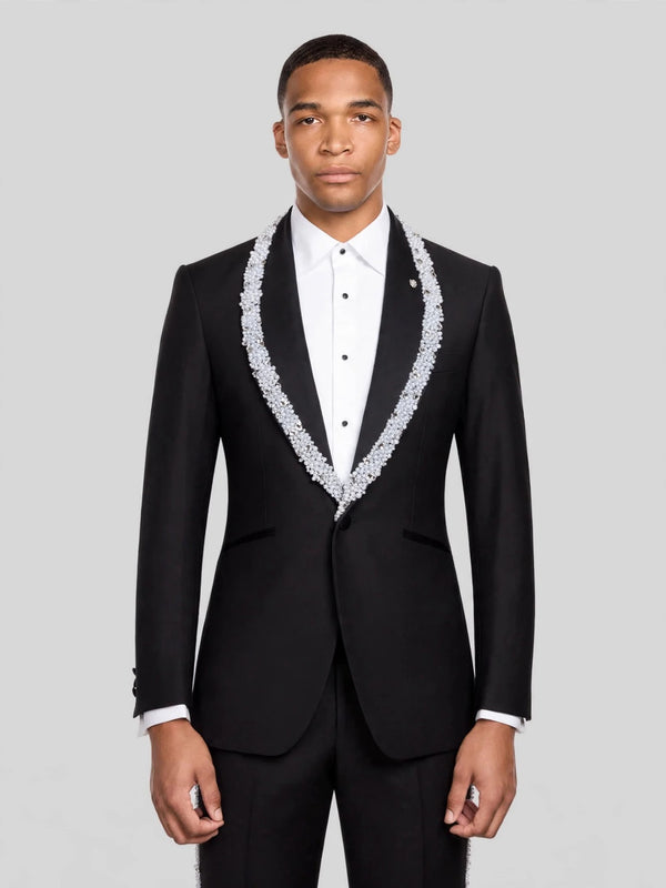 Onyx Silver Crystal-Trim Shawl-Collar Tuxedo Jacket 01
