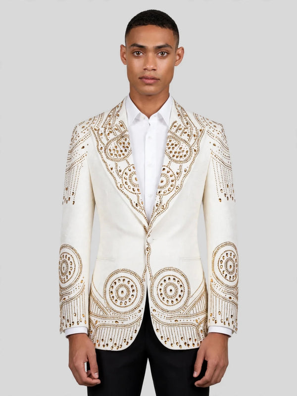Ivory Gold Crystal Mandala Peak-Lapel Tuxedo Jacket 01