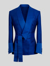 Royal Blue Ribbed-Weave Satin Shawl-Collar Sash-Belt Two-Button Double-Breasted Tuxedo Jacket 07