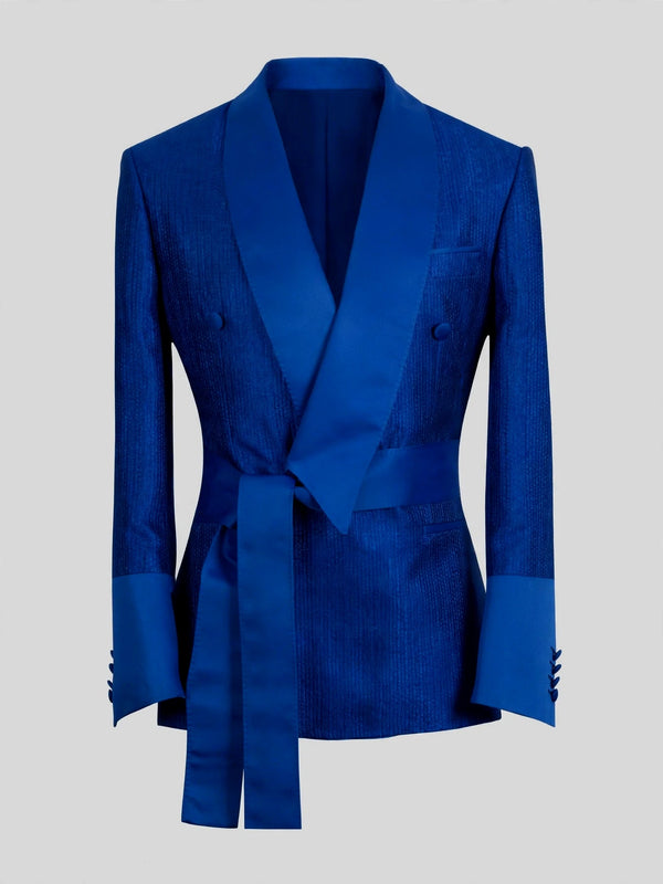 Royal Blue Ribbed-Weave Satin Shawl-Collar Sash-Belt Two-Button Double-Breasted Tuxedo Jacket 07