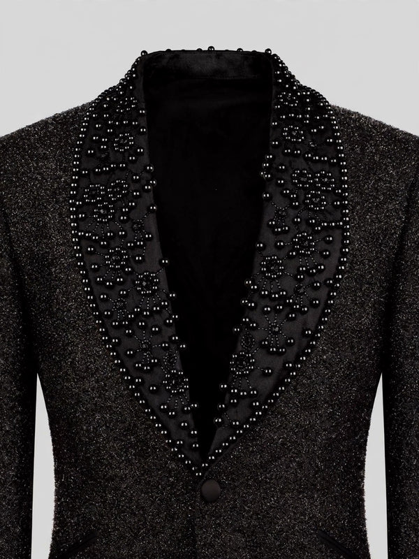 Onyx Jet Floral Shawl-Collar Tuxedo Jacket 08
