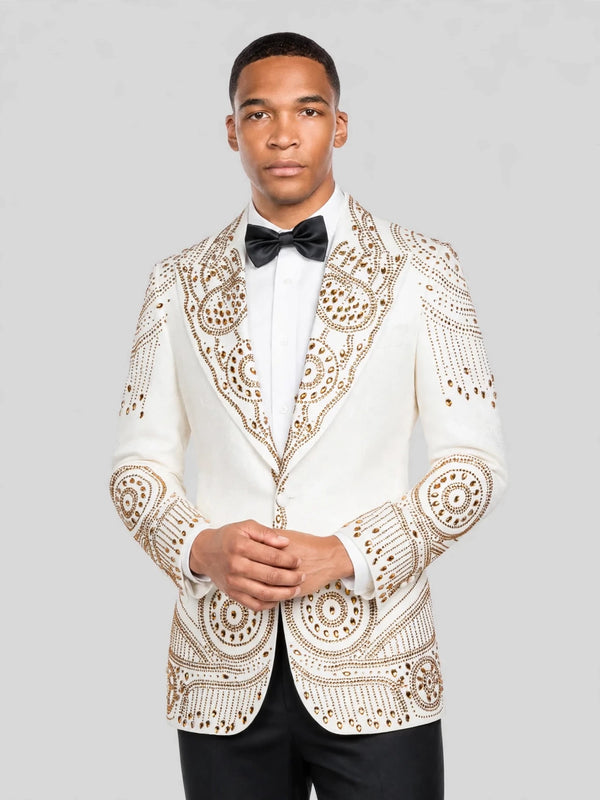 Ivory Gold Crystal Medallion Peak-Lapel Tuxedo Jacket 02