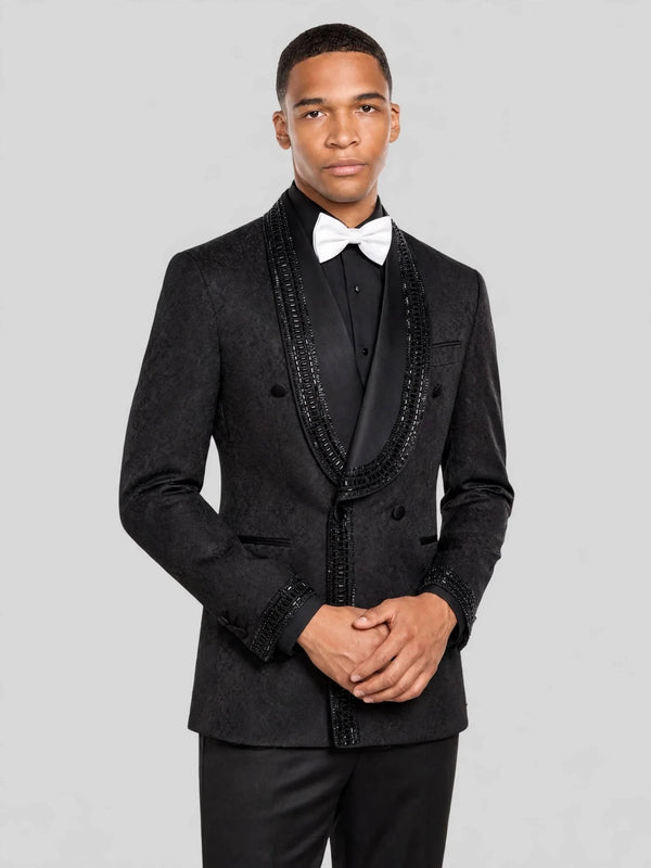 Onyx Jet Beaded-Trim Shawl-Collar Double-Breasted Tuxedo Jacket 05