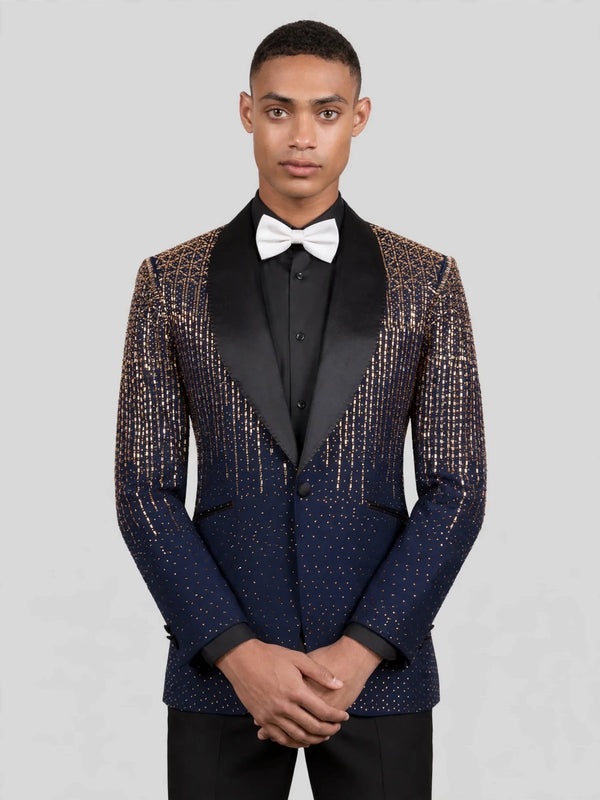 Midnight Gold Crystal Gradient Shawl-Collar Tuxedo Jacket 05