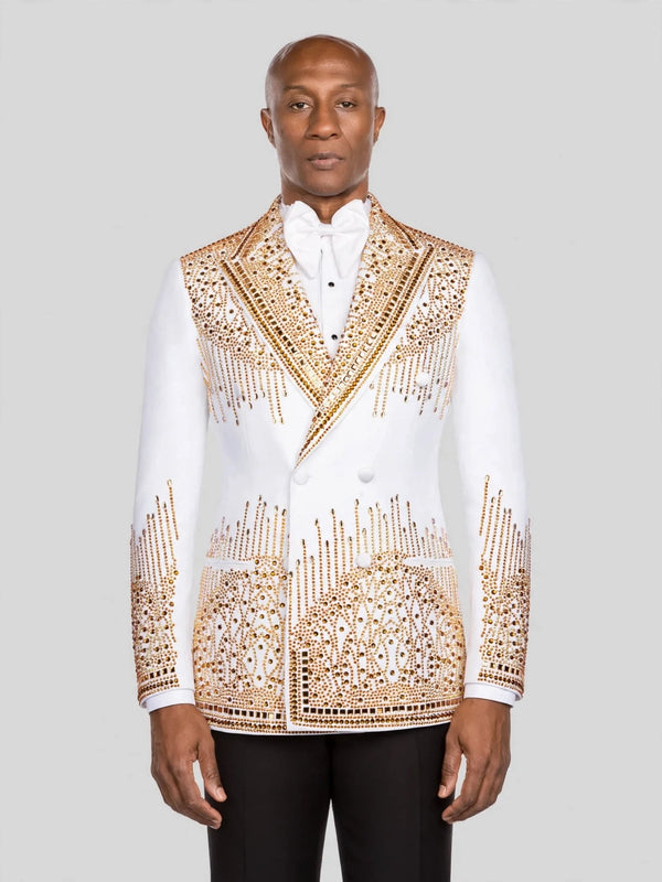 Ivory Gold Crystal Cascade Peak-Lapel Double-Breasted Tuxedo Jacket - cover