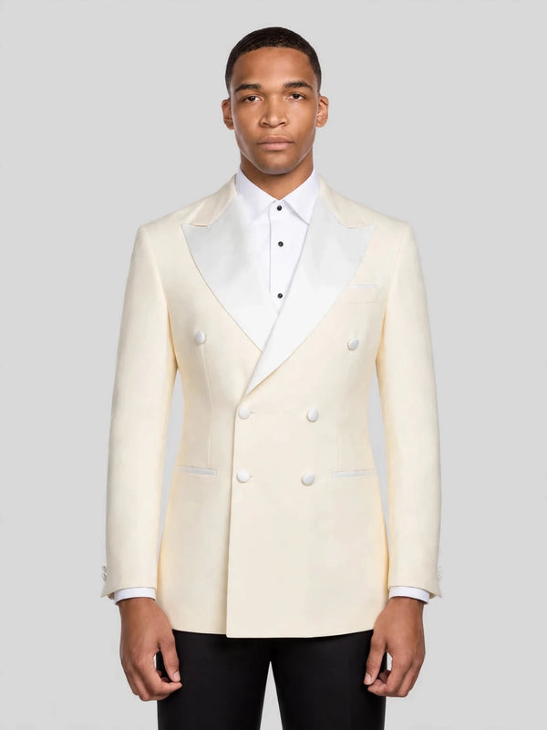Cream White Satin Peak-Lapel Double-Breasted Tuxedo Jacket 01