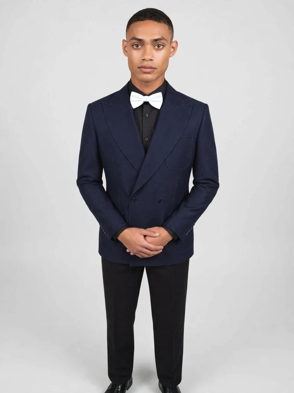 Midnight Navy Bold Pick-Stitch Patch-Pocket Peak-Lapel Double-Breasted Tuxedo Jacket 05