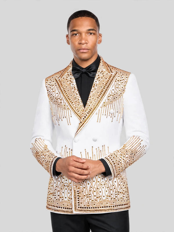 Ivory Gold Crystal Cascade Peak-Lapel Double-Breasted Tuxedo Jacket 06