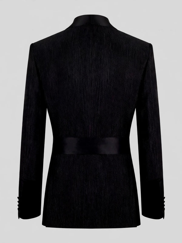 Onyx Ribbed-Weave Satin Shawl-Collar Sash-Belt Two-Button Double-Breasted Tuxedo Jacket 09