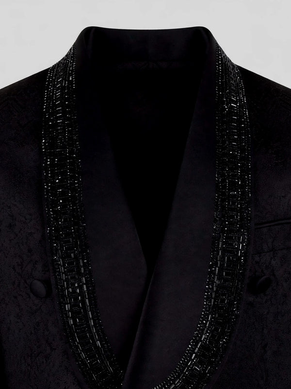 Onyx Jet Beaded-Trim Shawl-Collar Double-Breasted Tuxedo Jacket 08