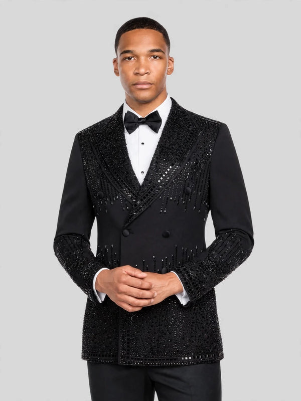 Onyx Jet Bead-Cascade Peak-Lapel Double-Breasted Tuxedo Jacket 02