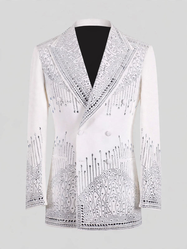 Ivory Silver Crystal Drip Peak-Lapel Double-Breasted Tuxedo Jacket 07