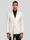 Ivory Cream Micro-Weave Satin Shawl-Collar Belted Double-Breasted Tuxedo Jacket 04