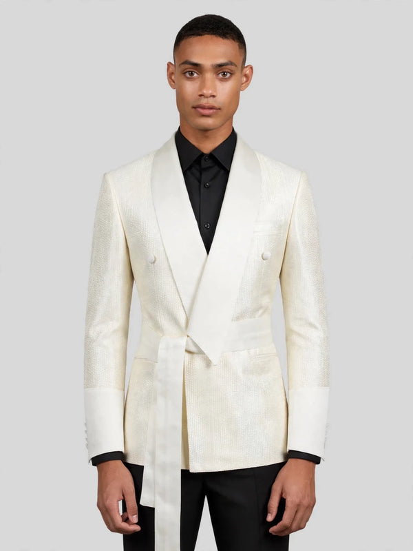 Ivory Cream Micro-Weave Satin Shawl-Collar Belted Double-Breasted Tuxedo Jacket 04