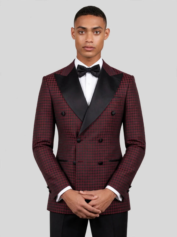 Burgundy Black Houndstooth Satin Peak-Lapel Double-Breasted Tuxedo Jacket 02