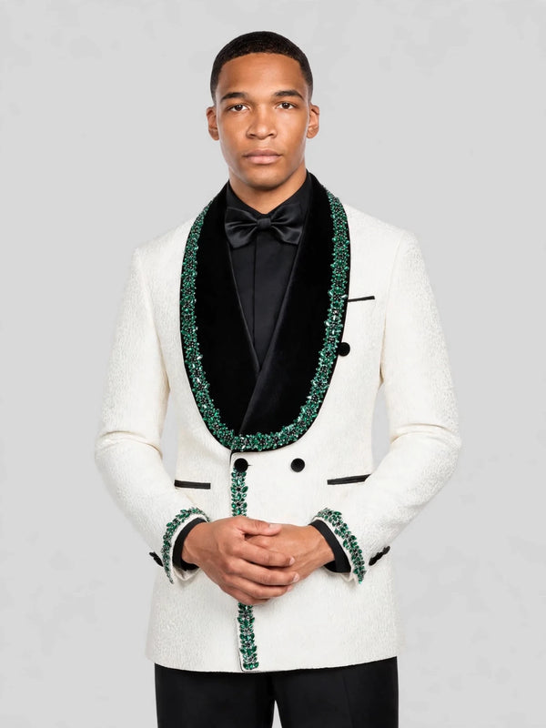 Ivory Emerald-Leaf Velvet Shawl-Collar Double-Breasted Tuxedo Jacket 06