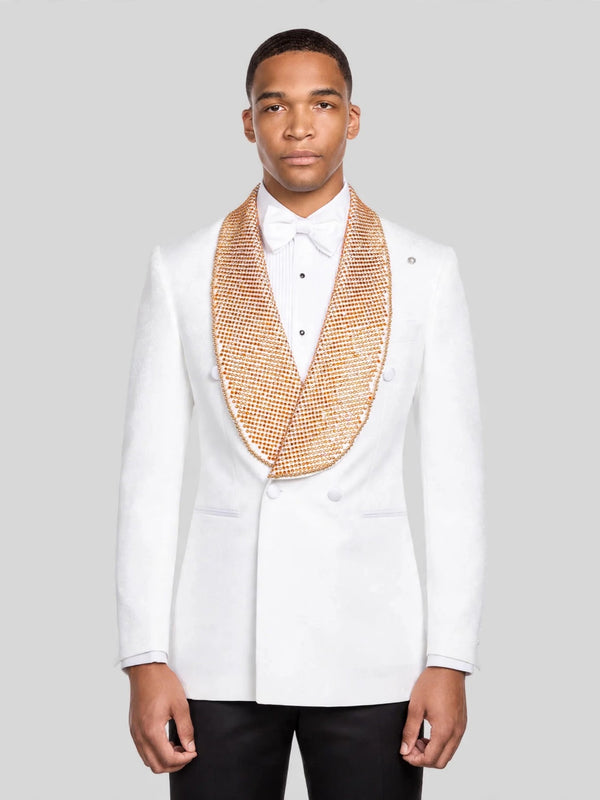 Ivory Gold Crystal-Mesh Shawl-Collar Double-Breasted Tuxedo Jacket 03