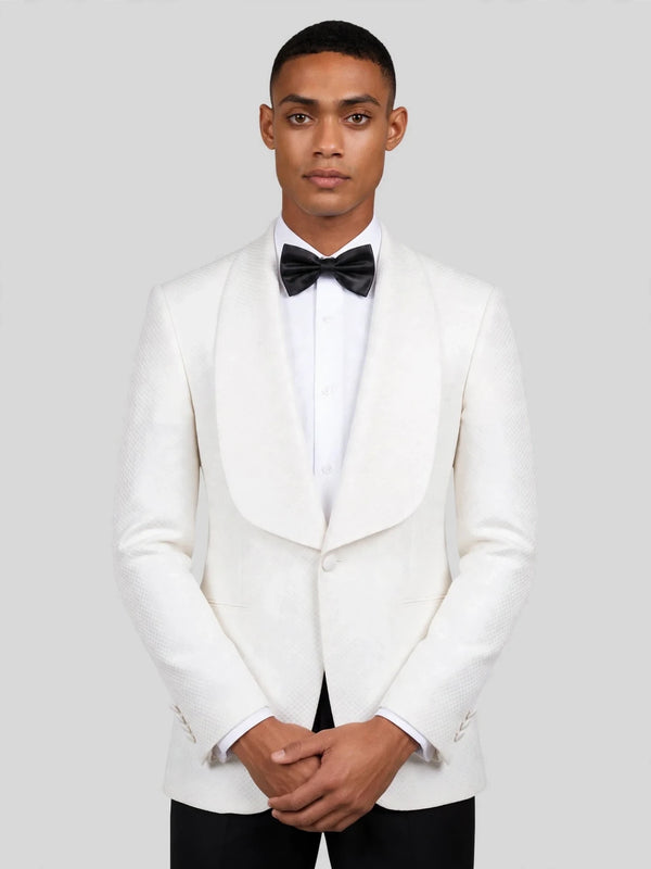 Ivory Diamond-Texture Shawl-Collar Tuxedo Jacket 02