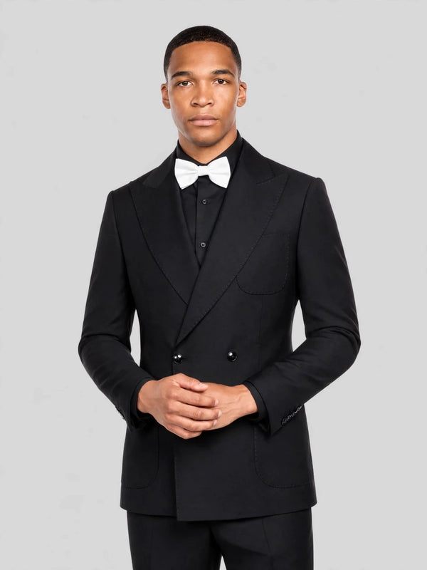Onyx Fine Pick-Stitch Patch-Pocket Peak-Lapel Double-Breasted Tuxedo Jacket 05