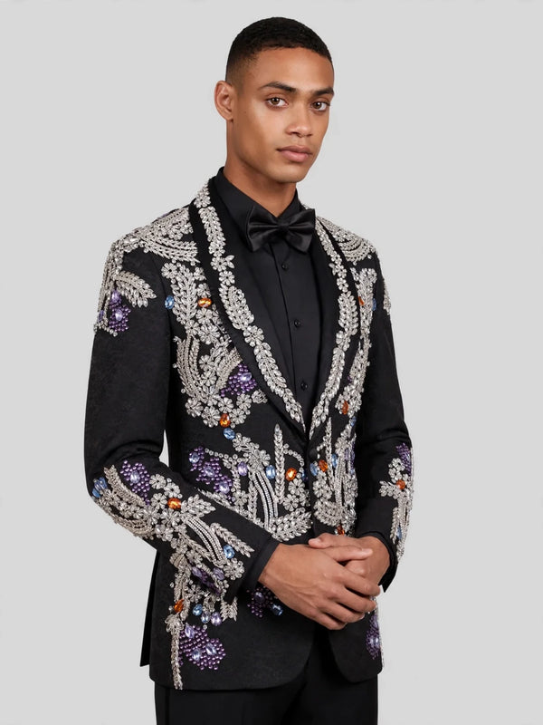 Onyx Silver Gem-Floral Shawl-Collar Tuxedo Jacket 06