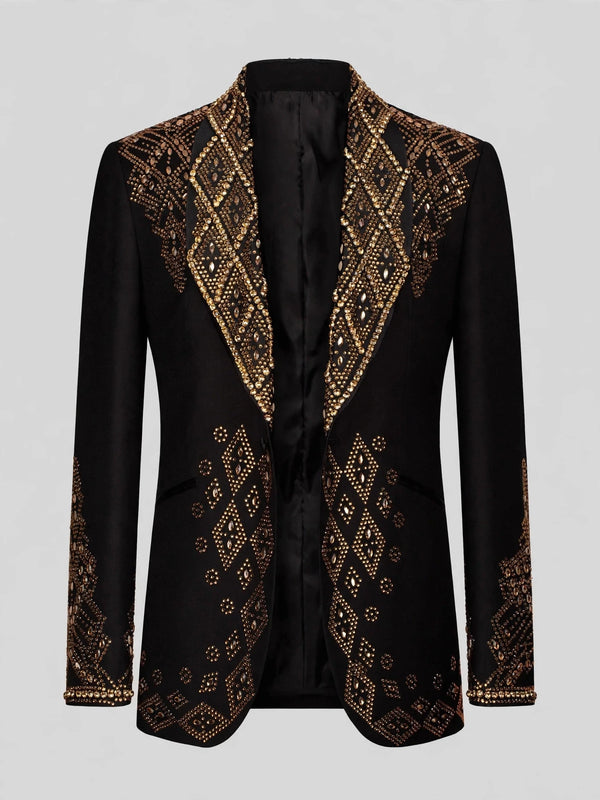 Onyx Gold Crystal Diamond-Lattice Peak-Lapel Tuxedo Jacket 07