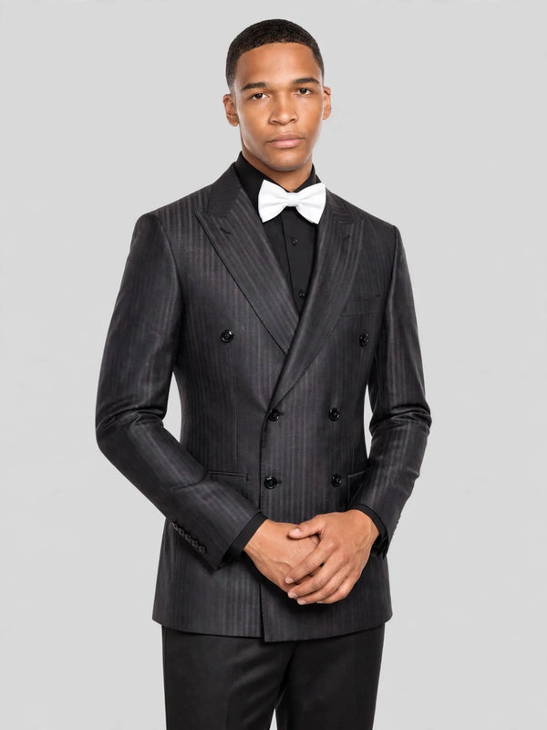 Charcoal Shadow-Stripe Six-Button Peak-Lapel Double-Breasted Suit Jacket 05