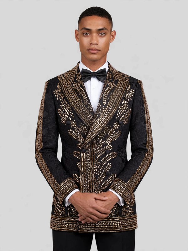 Onyx Gold Fern Crystal Peak-Lapel Double-Breasted Tuxedo Jacket 02