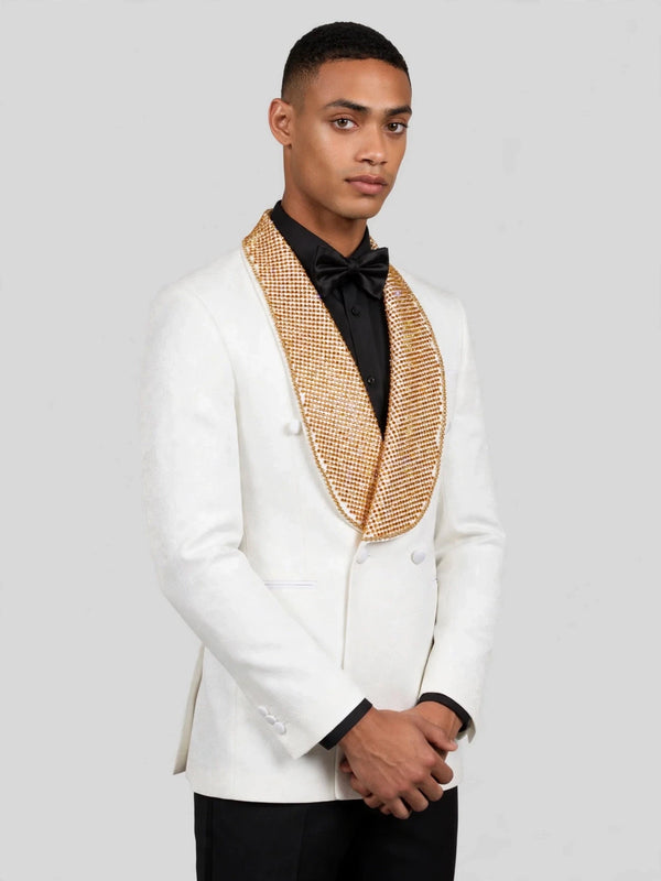Ivory Amber Crystal-Mesh Shawl-Collar Double-Breasted Tuxedo Jacket 06