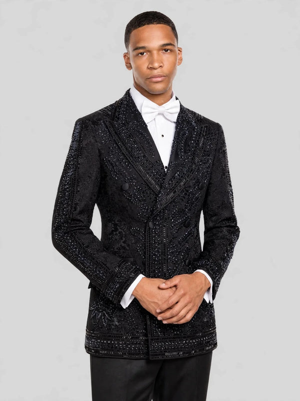 Onyx Jet Beaded Leaf-Scroll Peak-Lapel Double-Breasted Tuxedo Jacket 03