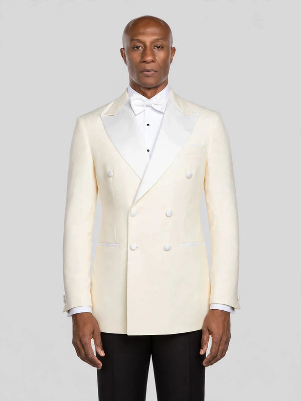 Cream White Satin Peak-Lapel Double-Breasted Tuxedo Jacket - cover