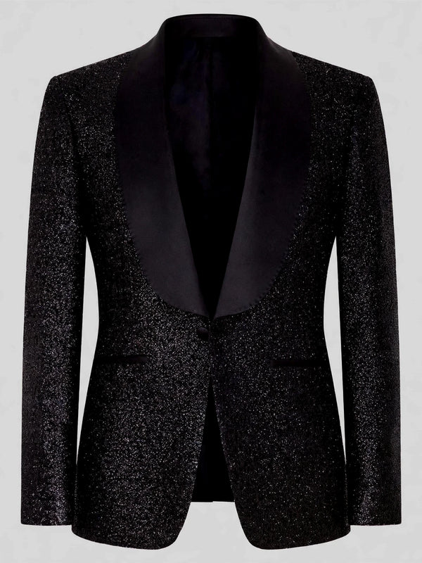Onyx Glitter-Tweed Satin Shawl-Collar Single-Button Tuxedo Jacket 08