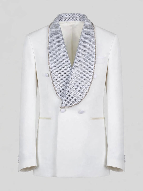 Ivory Silver Crystal-Mesh Shawl-Collar Double-Breasted Tuxedo Jacket 07
